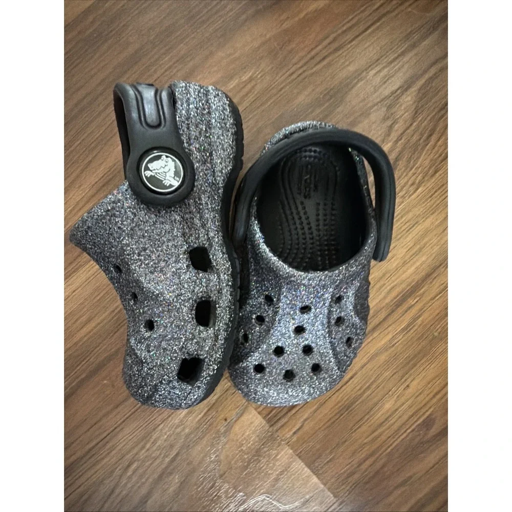 Crocs Baby Girls 4C Glitter Black Sparkles Slip On Clogs EUC